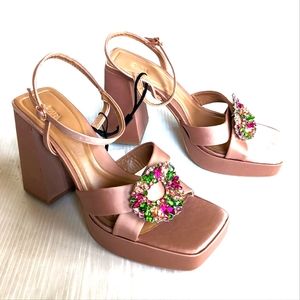 ZARA tan satin luxury rhinestones chunky platform sandals